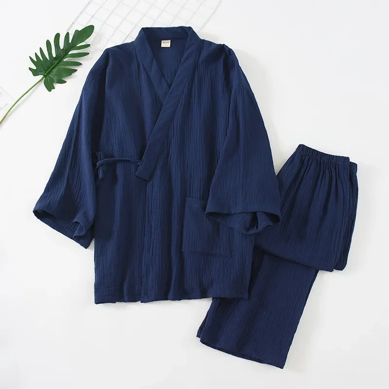 

Large Size Kimono Robes with Pocket and Long Pants 2 Pcs Pajamas Set for Men Sleepwear Clothes Cotton Pjamas for Men