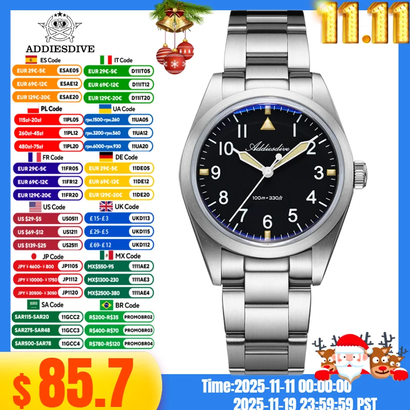 

ADDIESDIVE 36mm AD2502 Watch For Men 100M Waterproof Titanium Alloy VH31 Movement Bubble Mirror Glass Luminous Quartz Watches