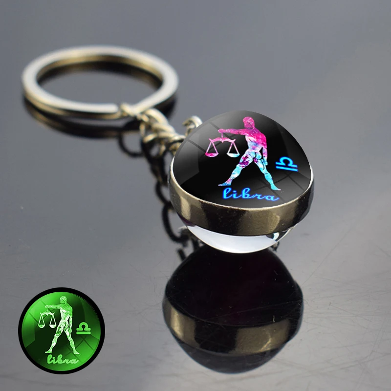Glow In The Dark 12 Constellation Key Ring Double-Sided Zodiac Glass Ball Metal Keychain Pendant Key Chain Birthday Gift