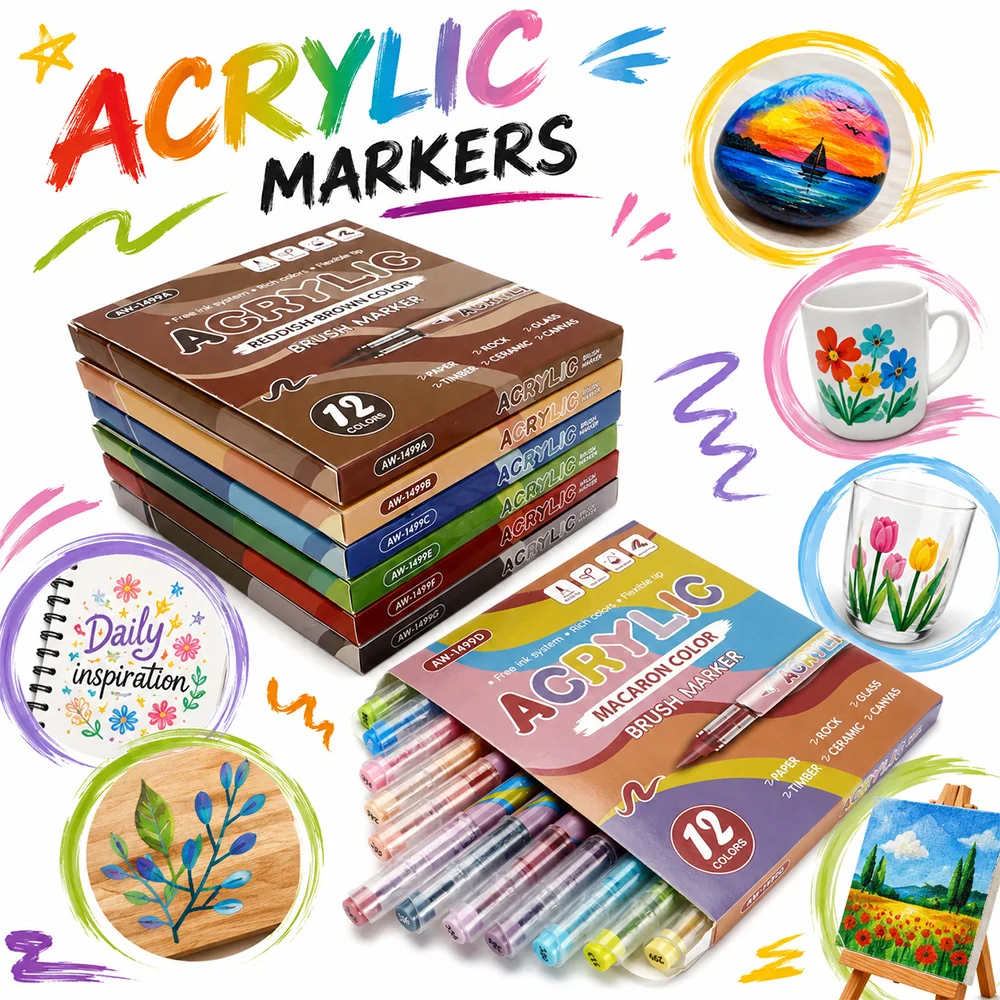 Marcadores Acrílicos de 12 Colores, Punta de Pincel Suave, Resistentes al Agua, Paleta de 7 Colores, para Dibujar, Pintar Rocas, Vidrio, Cerámica, Manualidades, Regalos