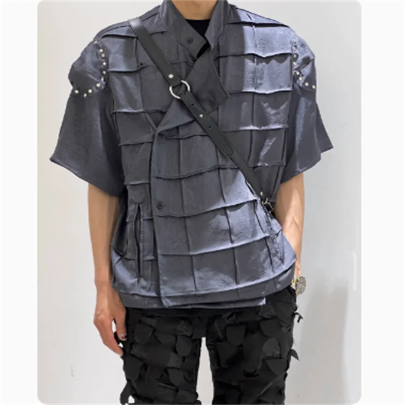 Original design dark grey short-sleeved shirt for men, summer retro loose and casual large-sized half-sleeved shirt