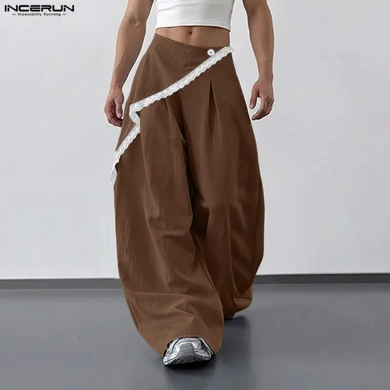 

INCERUN Men Pants Lace Patchwork Button Joggers Casual Trousers Men Streetwear Loose Fashion Leisure Male Wide Leg Pants S-5XL