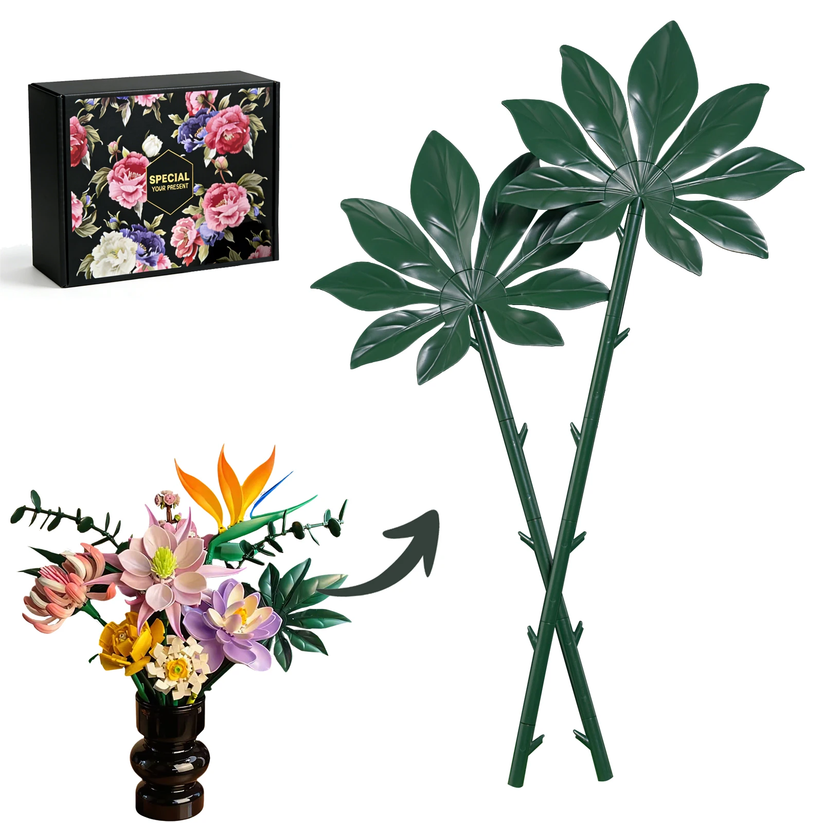 

Fatsia Filler Building Block Bouquet with realistic leaves, ideal for tabletop display DIY home decor (36 PCS).