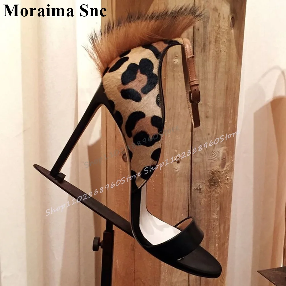 Stylish Leopard Print Fur Decor Sandals Thin High Heel Women Shoes Ankle Buckle Strap Open Toe 2025 Fashion Zapatos Para Mujere