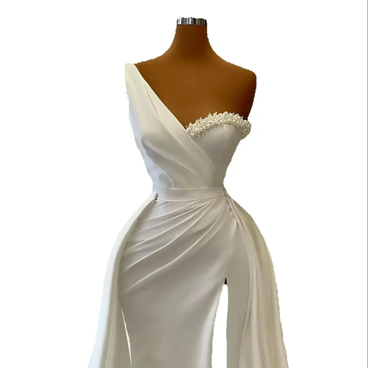 Customized One Shoulder Shinny  Pearls Bridal Dress with Removable Skirt Robe De Mariée  Vintage High Split Bridal Gowns