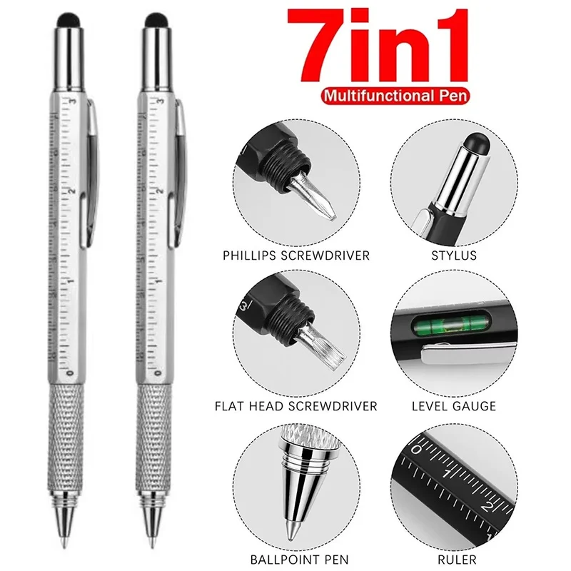 7 in1 Multifunction Ballpoint Pen With Modern Handheld Tool Measure Technical Ruler Screwdriver Refillable Ballpoint Pencil Tool