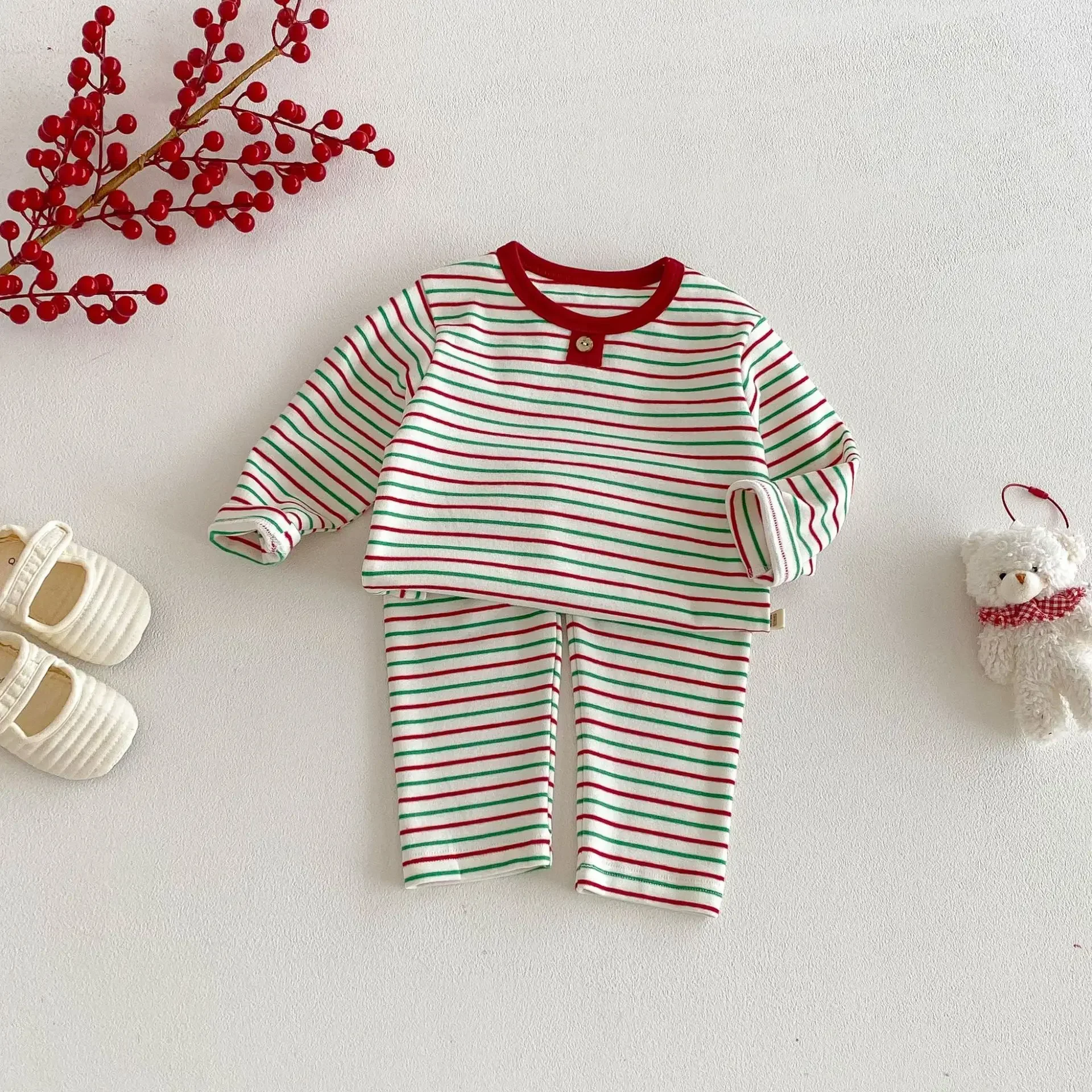 

0-5Y Baby Christmas Long Sleeve Homewear 2Pcs Kids Girls Boys Cotton Colorful Striped Loungewear Sets Casual Sleepwear Outfit