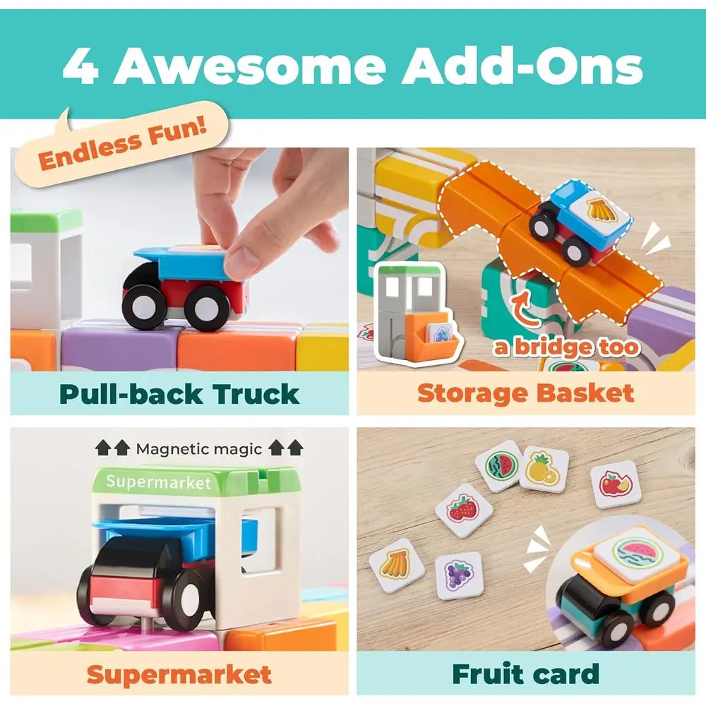 유아용 STEM 자석 블록 (2-4세): 트럭과 과일이 포함된 몬테소리 영감 세트 (32개)