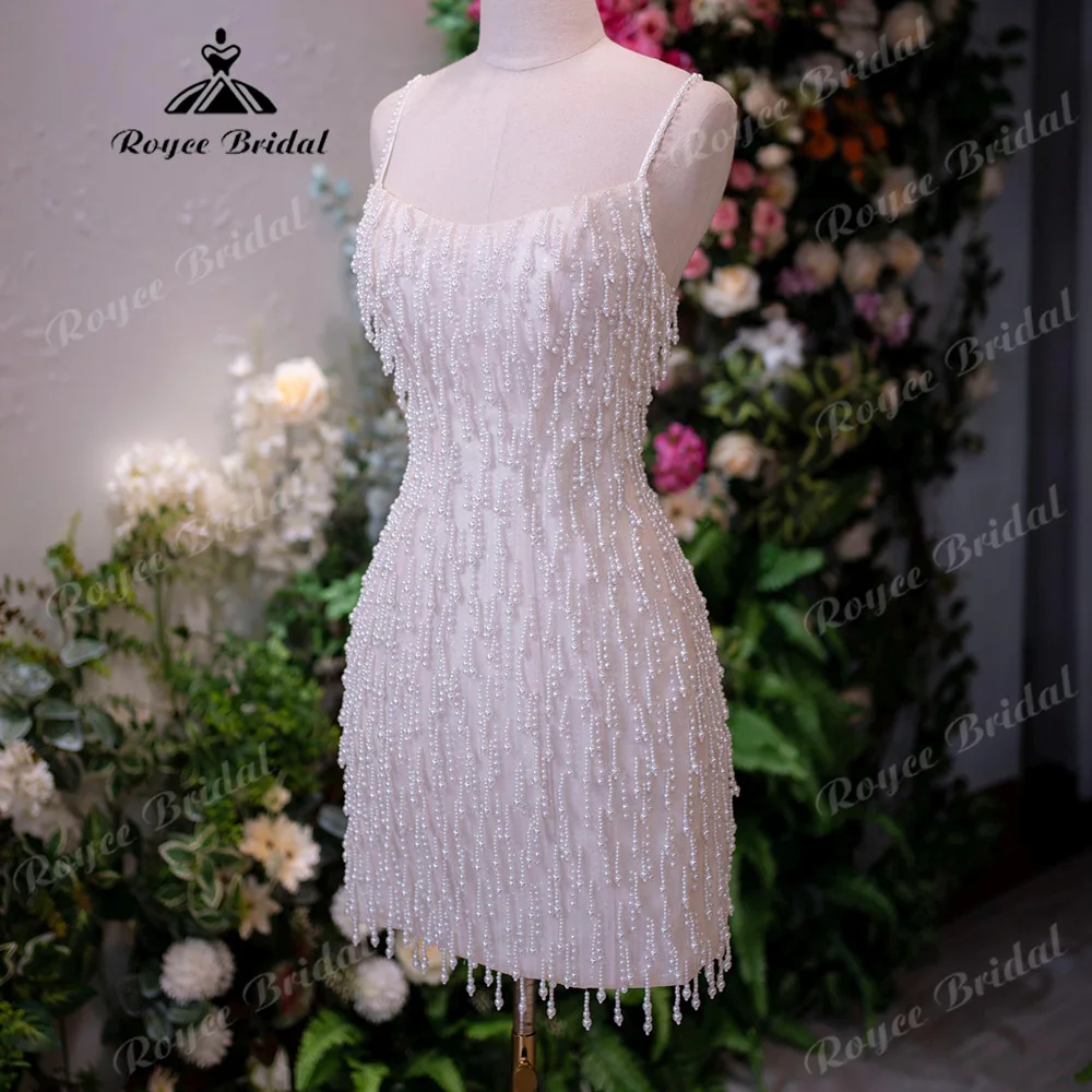 Spaghetti Strap Beaded Fringe Short Wedding Dress Square Neck Mini Bridal Gown Corset Back Reception Dress For Bride Customized