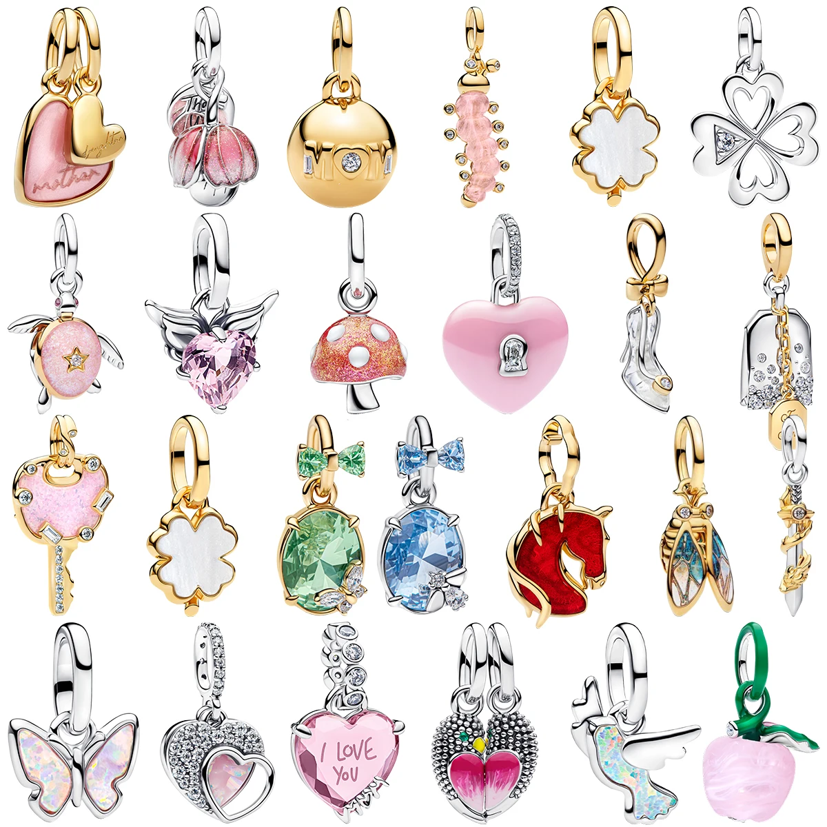 Abalorio de Plata de Ley 925 con baño de plata, con formas de Corazón, Trébol, Mariposa, Abeja, Hongo, Caballo, Manzana, con gema incrustada, para pulseras, collares y joyería de regalo DIY