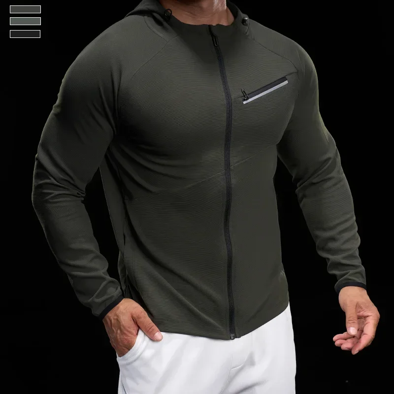 Men Zip Standing Collar Hoodies Top Stretch Slim Long Sleeve Running Fitness Jacket Gym Jogging Tee Bodybuilding Training Shirts