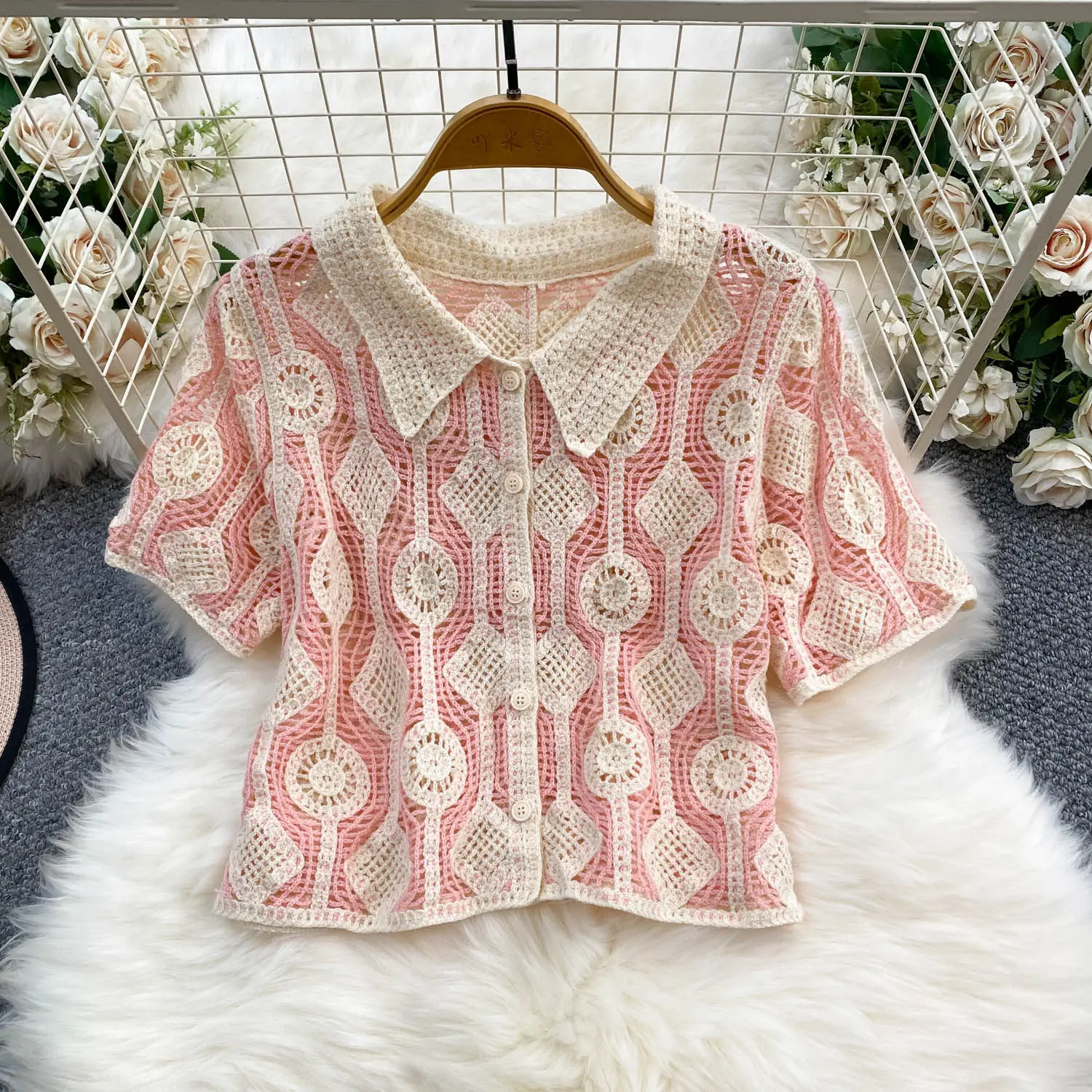 Geometric Crochet Knit Polo Shirt Short Sleeve Polo-neck Open-knit Blouse Jacket Summer Tops Women Bohemian Vacation Outfit