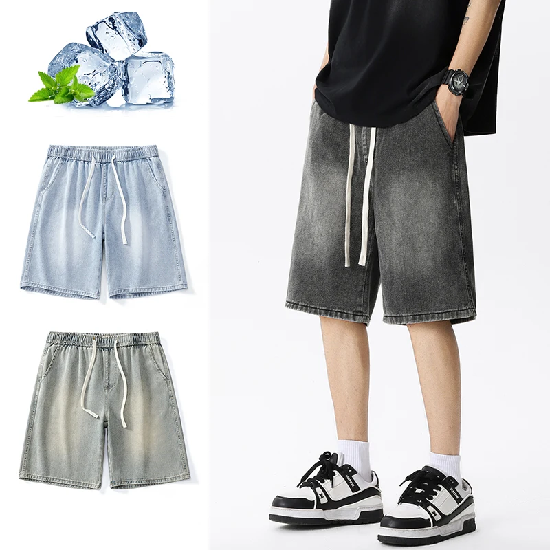 

Fashion Smoke Gray Denim Shorts Men's Summer Thin Loose Casual Elastic Waist Korean Knee-length Jeans Baggy Bermuda Shorts