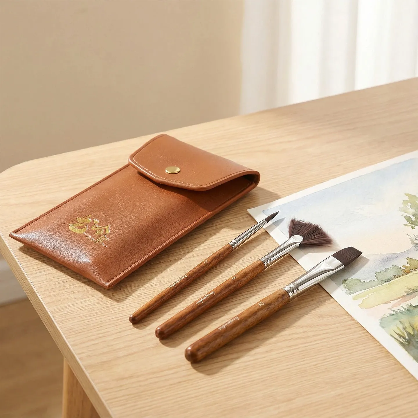 7pcs Professional Level Travel Watercolor Brushes Short Handles Nylon/Squirrel Paint Brush for Ink Gouache With PU Bag