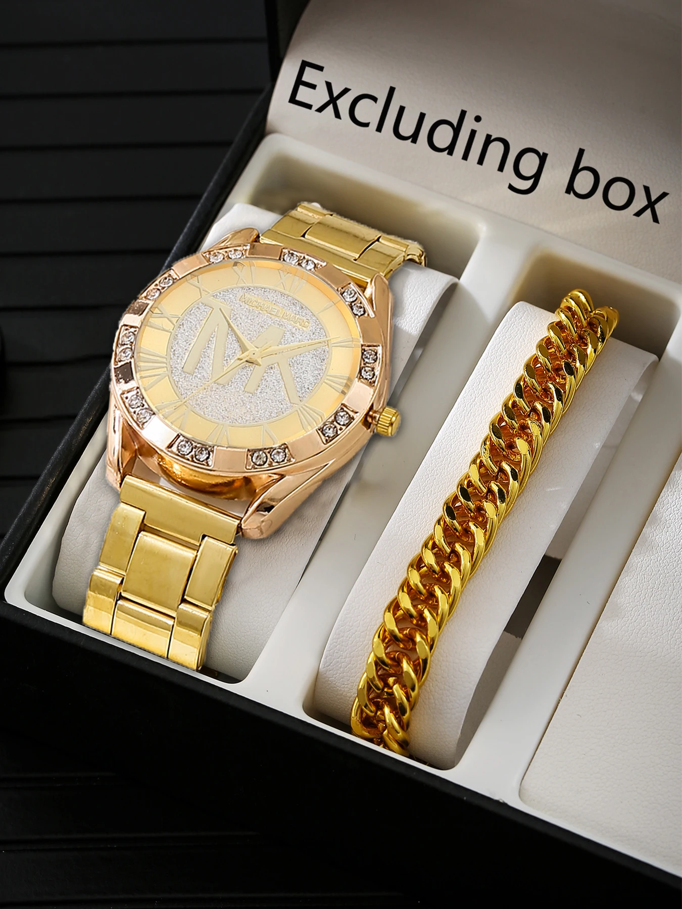 Men Gift 2Pcs Set, Rhinestone Roman Dial Quartz Watch + Cuban Bracelet, Excluding Box