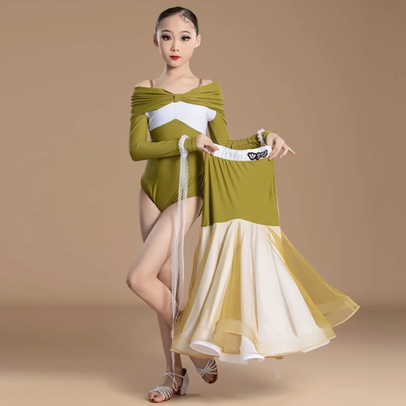 

Green Modern Dance Dress for Kids Girls Big Skirt Hem Social Dancewear Performance Training Dancing Regulations Art Exam Dress