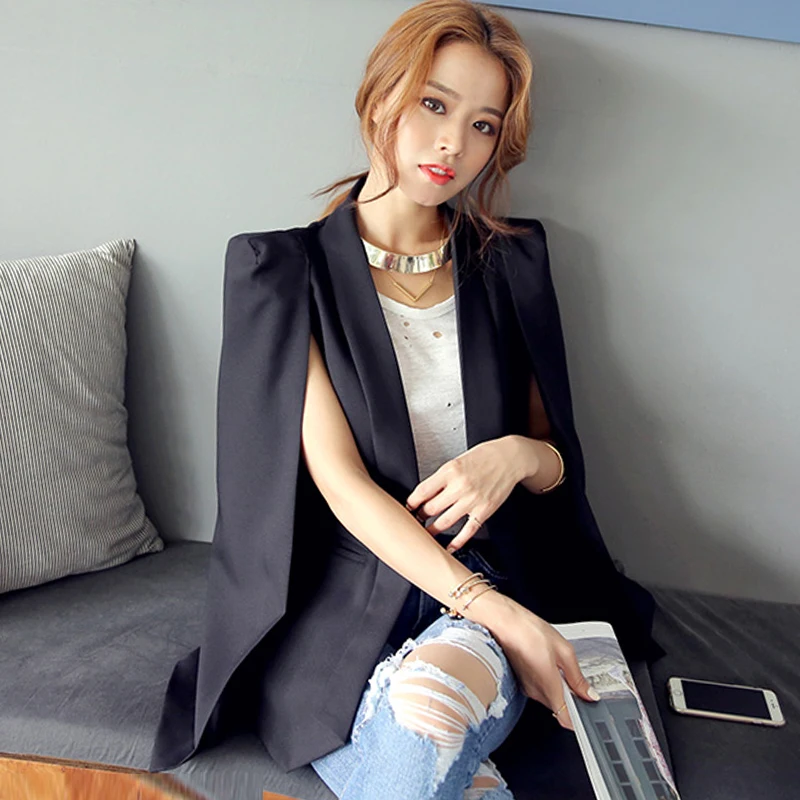 Solid Colors OL Blazer Jacket Black and White Shawl Collar Casual Lapel Cardigan New Female Autumn Split-sleeve Cloak Blazers