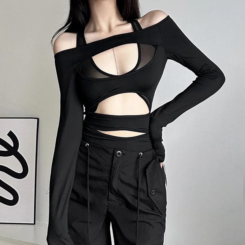 Summer women's new retro Gothic Y2K hollow out sexy tight fitting open navel mesh see through women's long sleeved jumpsuit