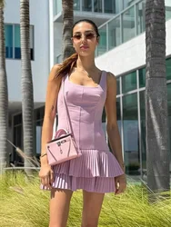 HH Summer Women Square Collar Sleeveless Solid Mini Dress 2025 Woman Chic High Street Slim Short Dress Pleated Dress