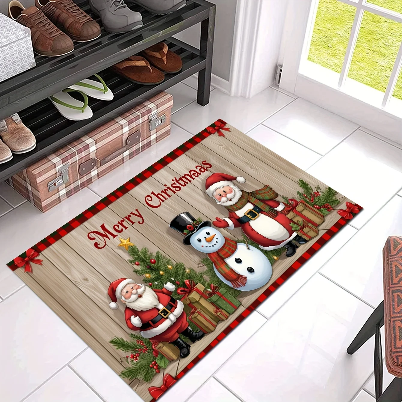Open a Christmas Wood Grain Element Mat, Fashionable Christmas Living Room Mat, Fluffy Mat, Soft Home Decor Mat, Household Bat