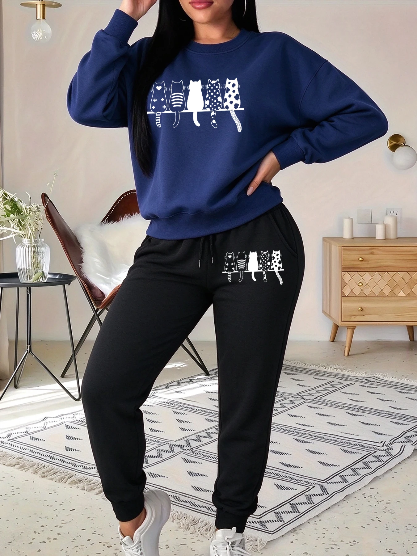 Cute Heart Cats Sketch Print Women Sweatshirt Set Hip Hop O-Neck Pullover Autumn Loose Jogging Pants Fleece Drawstring Sweatpant