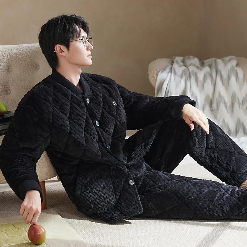 Flannel quilted pyjamas male three layer thick warm winter quilted jacket men's pajamas coral velvet pijamas hombre inverno