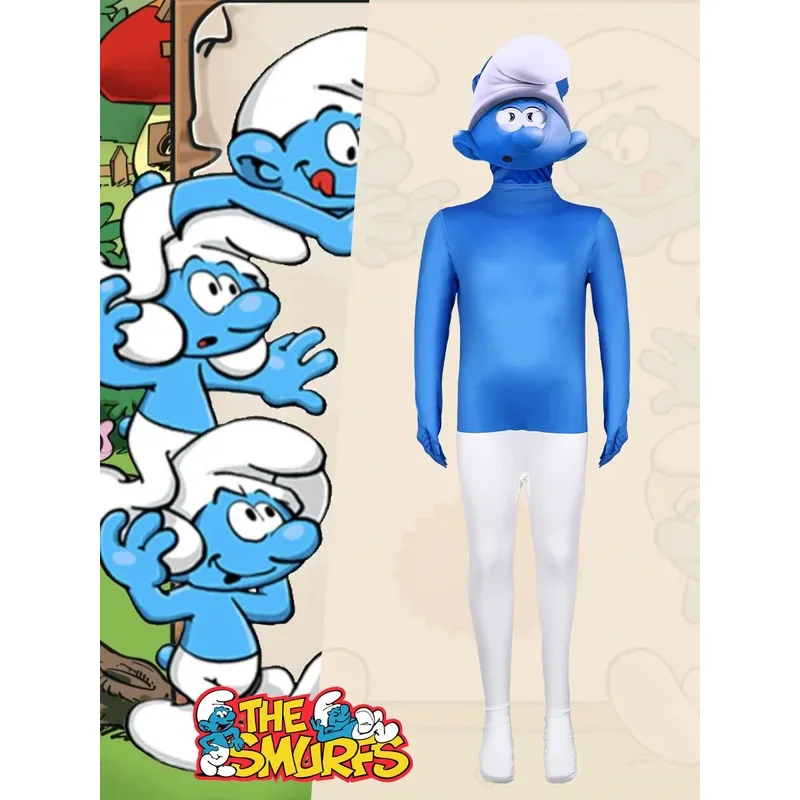 2025 personajes de la temporada Smurfs Series de dibujos animados, disfraces de cosplay de Halloween, monos ajustados, disfraces de fiesta