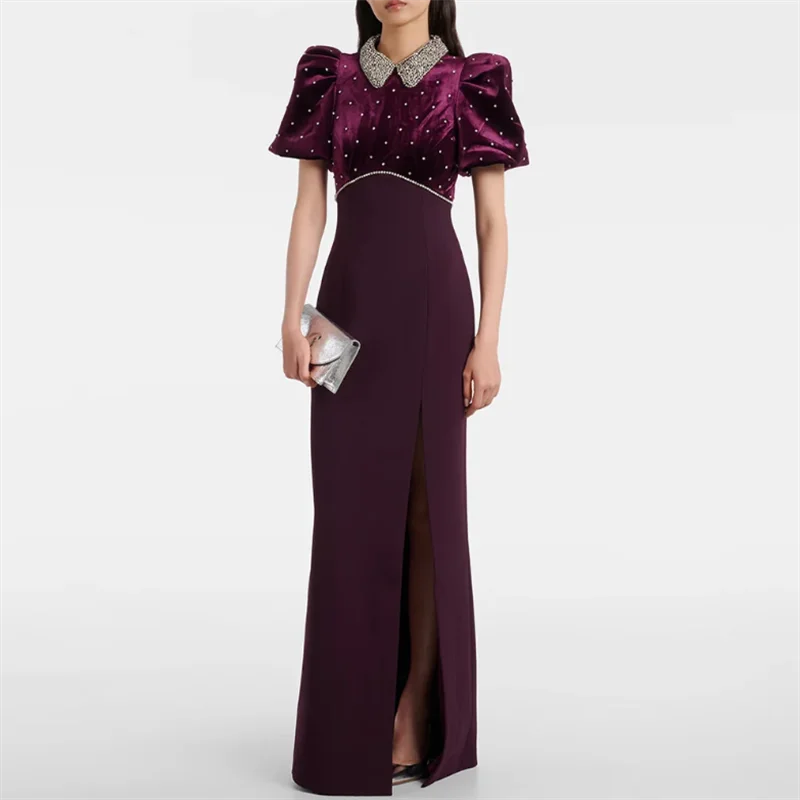 

Dancing Party Purple Evening Dress Customized High Collar Short Sleeves Diamante Slit Arabian Prom Gown Special Occasion Dresses