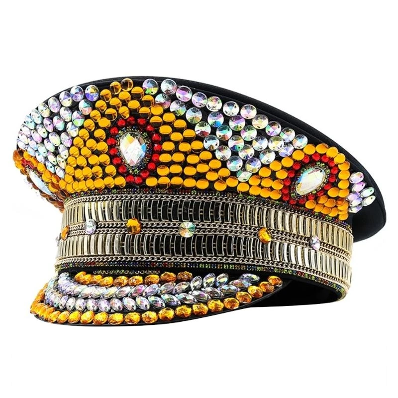 49MF Bridal Hat Sparkly Heavy Crystals Captain Hat for Women Dancer Comedian