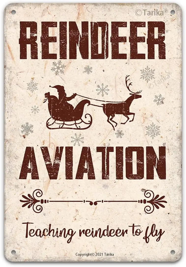 Reindeer Aviation Teaching Reindeer to Fly Funny Vintage Metal Tin Sign Wall Decor for Home, Farmhouuse, Bar, Restaurants, Cafe,