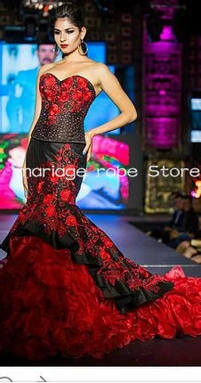 Red Black Mermaid Sweetheart Prom Occasion Dresses Ruffles Tiered Chapel Train Mexican Charro Corset Evening Pageant Gown