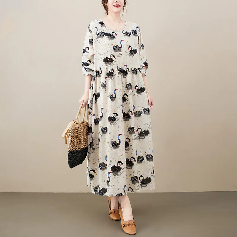 

Осеннее платье больших размеров с высокой талией, длинным рукавом, принтом, из хлопка, в стиле Big Sister, 200 Pou, для трансграничной торговли, художественное, элегантное