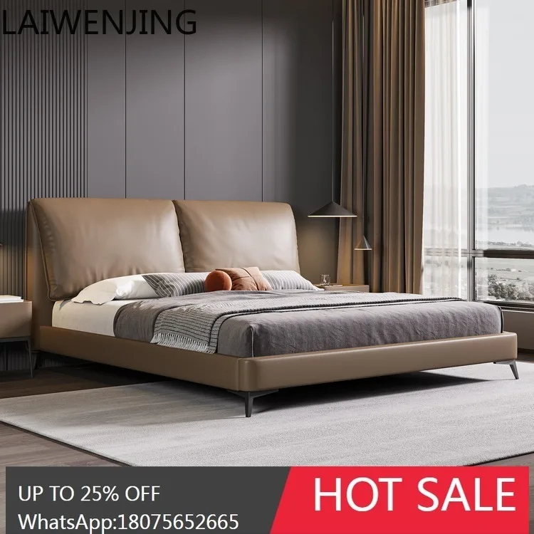 HLZ Italian Minimalist Top Layer Cowhide Soft Cover Solid Wood Double Bed Modern High-end Bedroom Bed Minimalist Style