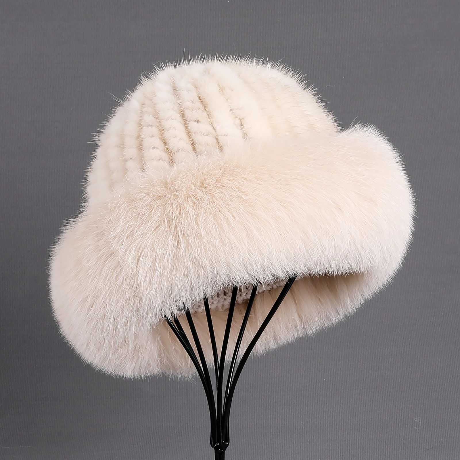 Frauen Winter warm echte Premuim Nerz Fell gestrickt Eimer Hut pelzigen Echtpelz Kappen Big Fox Pelz besatz Krempe verstellbar – Detail 5