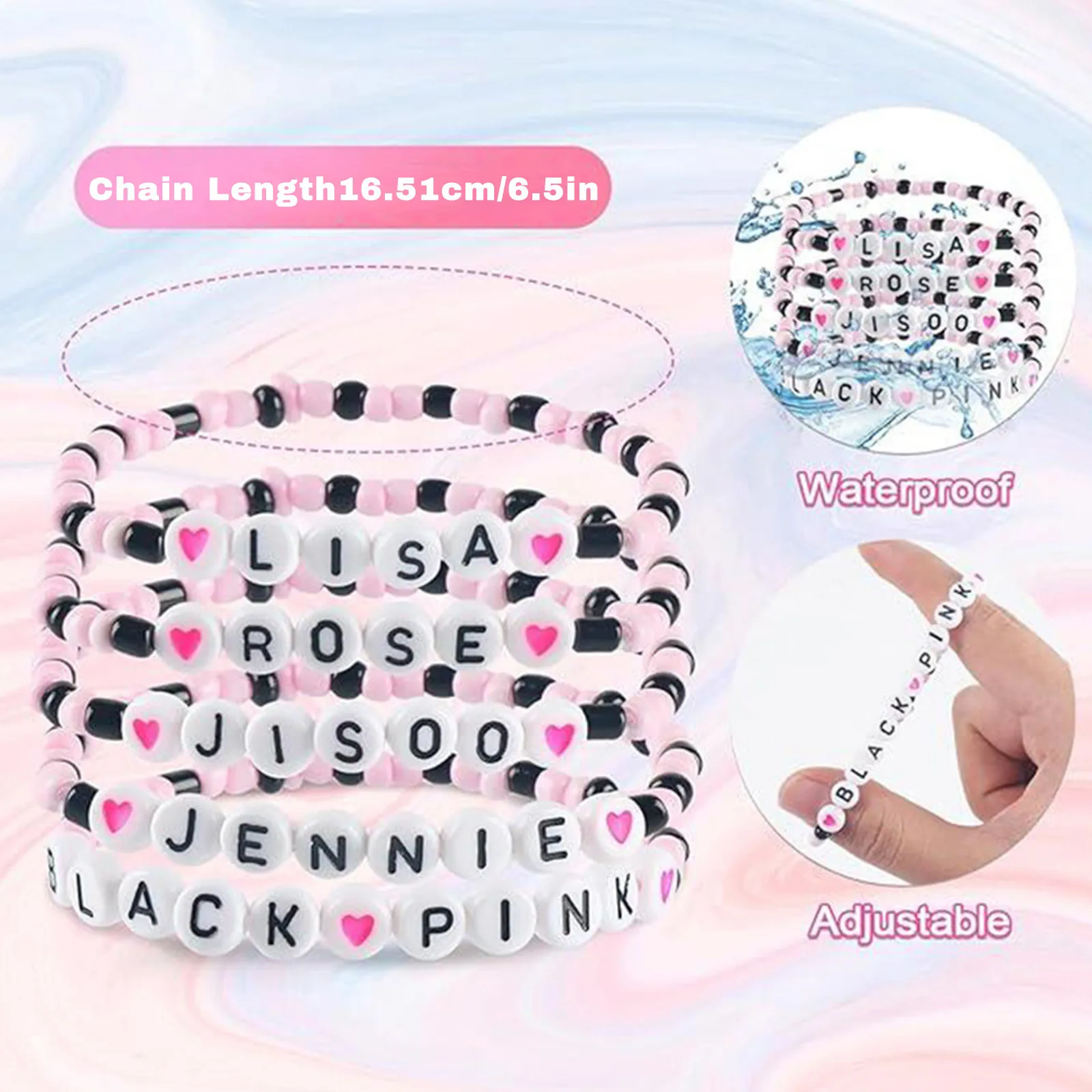 Regalo para fanáticos Juego de pulseras de 5 piezas - Pulsera en capas de color rosa NEGRO Grupo de niñas coreanas Pulseras con cuentas de letras elásticas bohemias ajustables