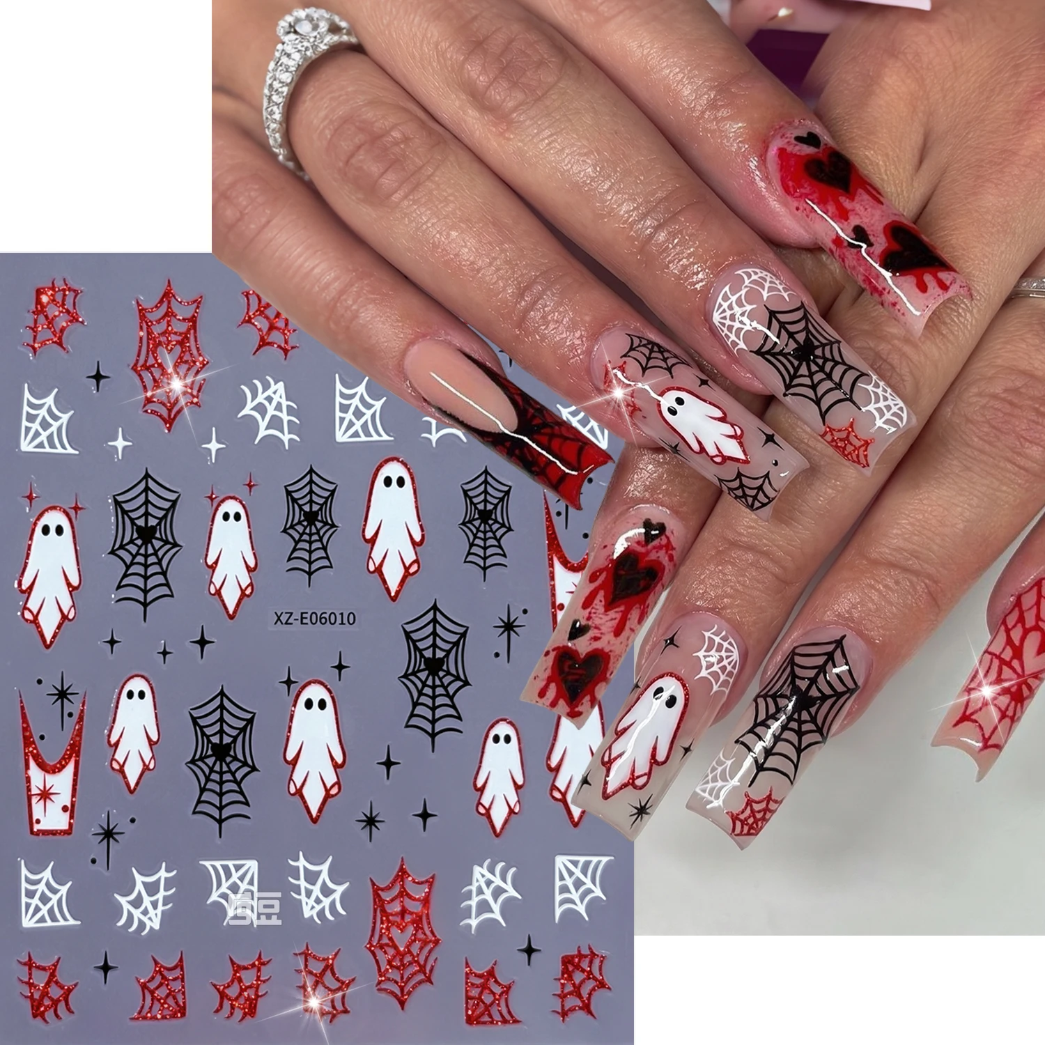 3D Blood Spider Web Red Glitter Halloween Nail Sticker Horror Spider Sparkly Cobweb Self-adhesive Manicure Decals DIY Festival#-