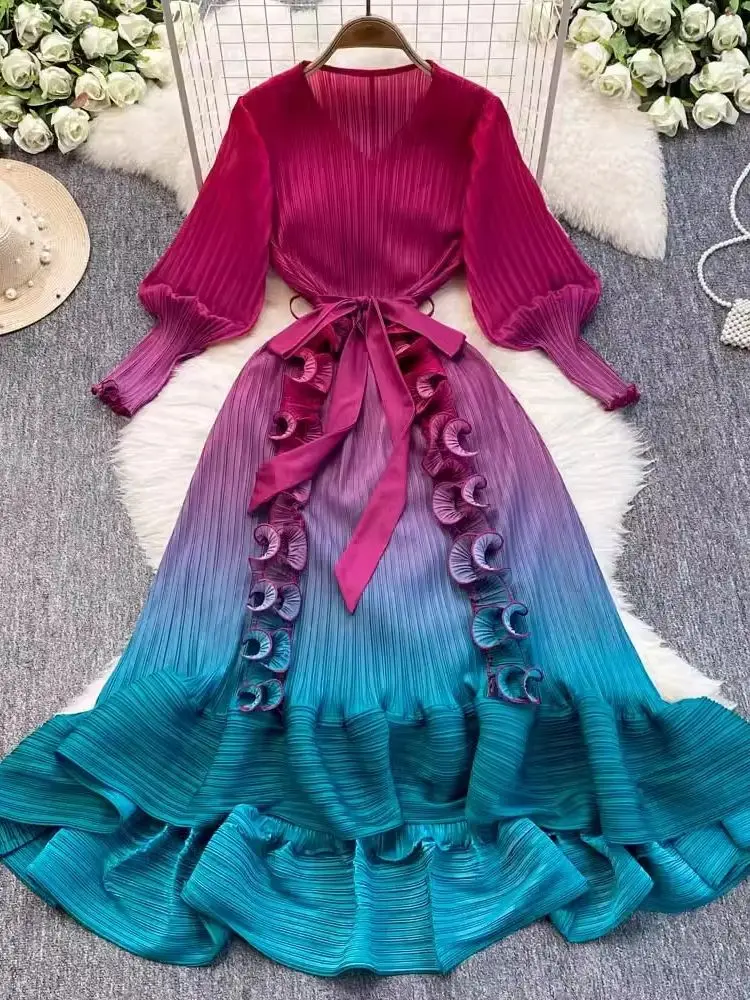 Luxury Miyake 3D Ruffles Splice Gradient Color Pleated Dresses Women's V Neck High Stretch Lace Up Belt Boho Robe Party Clothing