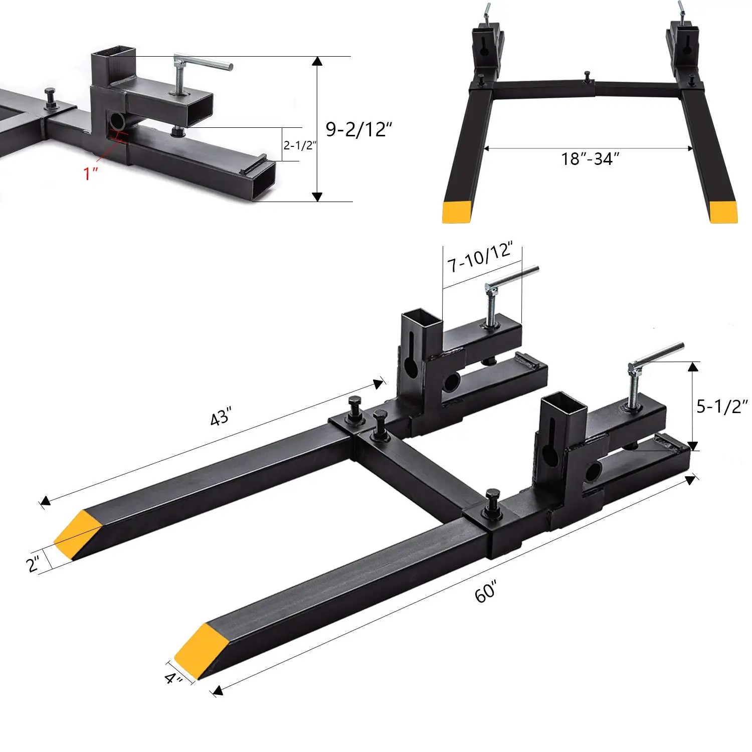 60 Inch Clamp on Pallet Forks w/Adjustable Stabilizer Bar  Pallet Forks Clamp On for Tractor Bucket