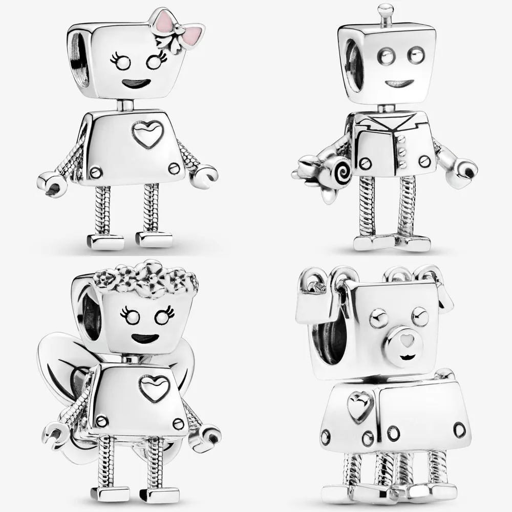 enuine 925 Sterling Silver Charm Cute Bella Bot  Big Heart And Lots Of Robot Bead Fit pandora Bracelet & Necklace  Jewelry