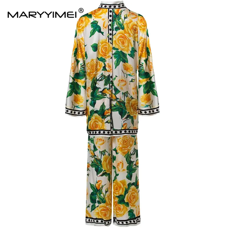 MARYYIMEI Spring Summer women\'s Suit Turn-Down Collar Flare Sleeved Single-Breasted Tops+Wide legged pants printed 2 piece set