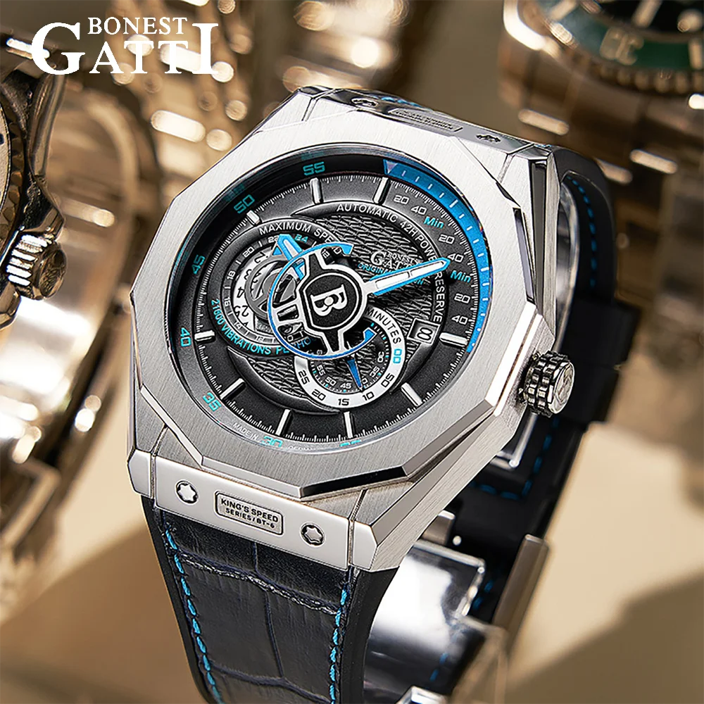 

BONEST GATTI Men Tourbillon Auto Watch Luxury Watches Racing Mechanical Wristwatch 5ATM Sapphire Luminous Leather Strap