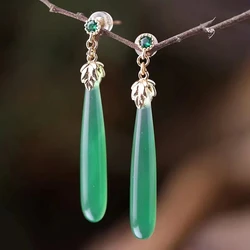 New natural chrysoprase ear studs oval foliage long earrings for women retro style high-end classic wedding silver jewelry