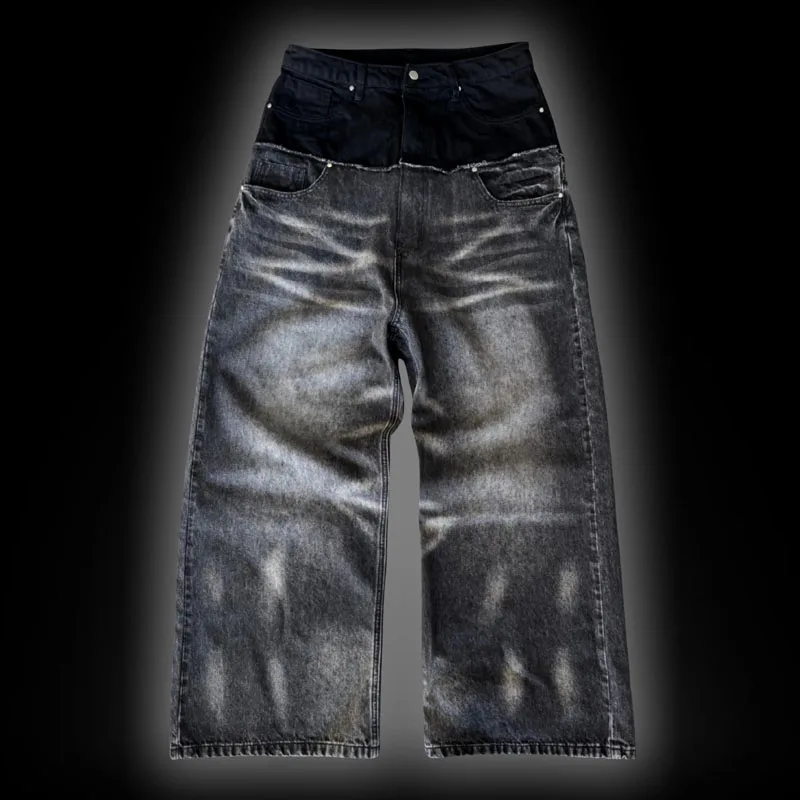 

Autumn and winter new grey black American retro high street distressed double pants with denim floor pants design