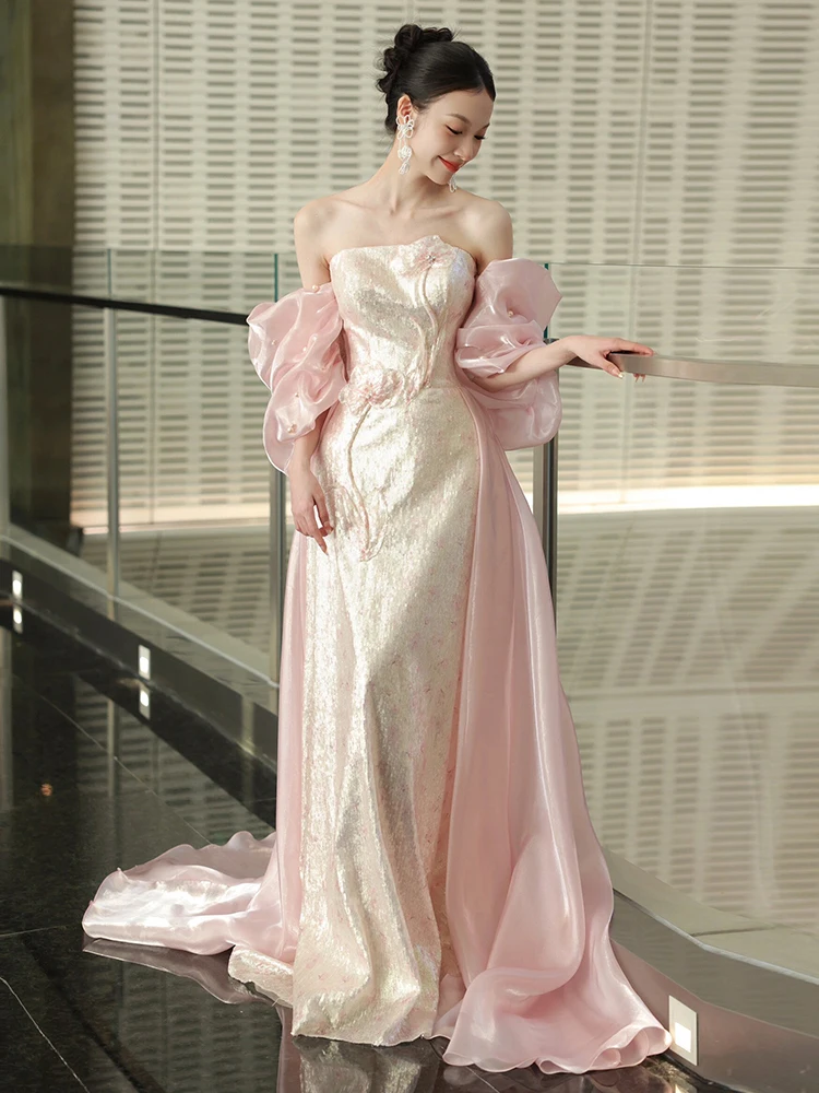 

Ele Pink Bridal Morning Robe Ultra Fairy Wedding Dr with Flowers Middle Waist Long Skirt for Wedding Banquet Ceremony