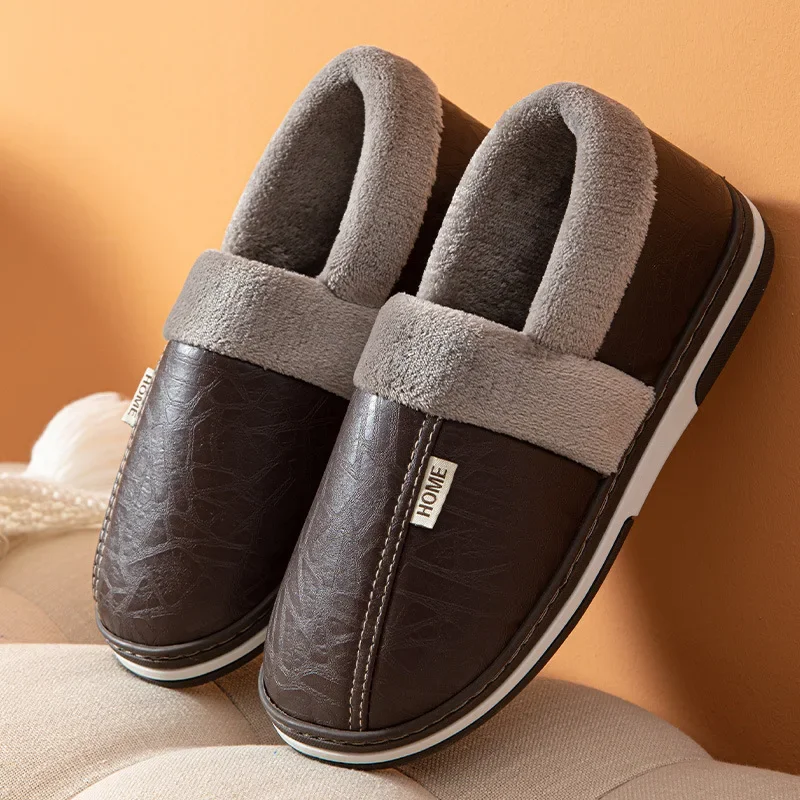 Nieuwe Big Size 50 51 Heren Slippers Winter Pu Lederen Warm Indoor Waterdicht Huis Harige Koppels Flats Antislip Glijbanen Slaapkamer Schoenen