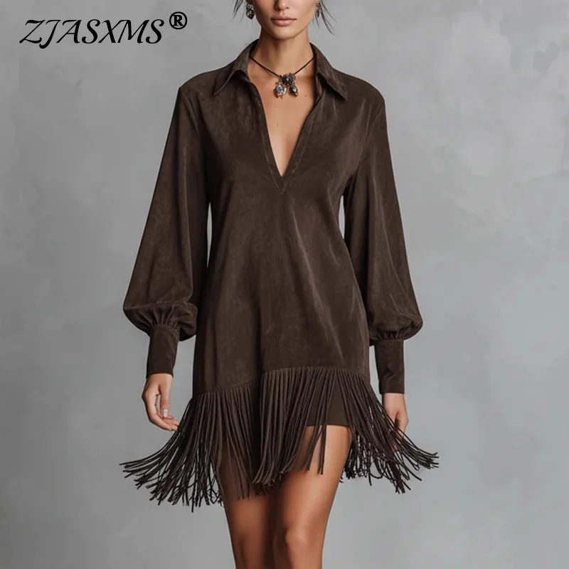 Spring Retro Solid Imitation Suede Tassel Dress Woman Sexy Lapel Hollow A- Line Mini Dress Autumn Long Sleeve Elegant Party Dress - AliExpress 200000345 Spring Retro Solid Imitation Suede Tassel Dress Woman Sexy Lapel Hollow A- Line Mini Dress Autumn Long Sleeve Elegant Party Dress - AliExpress 200000345