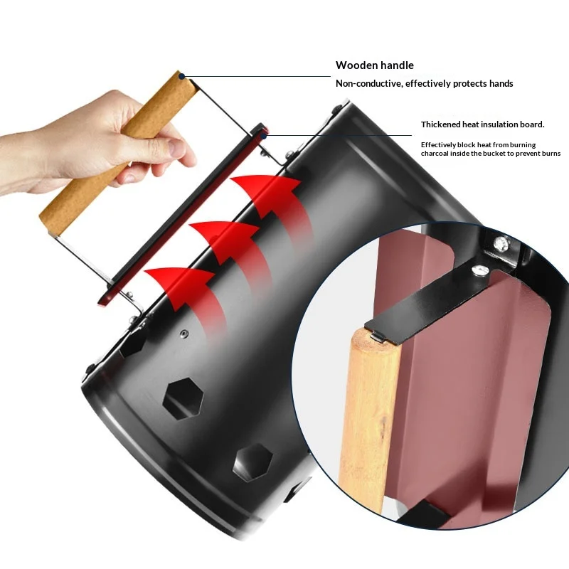 Portable Charcoal Chimney Starter with Wood Handle BBQ Chimney Starter Fire Briquette Starters Can Canister Grilling Accessory