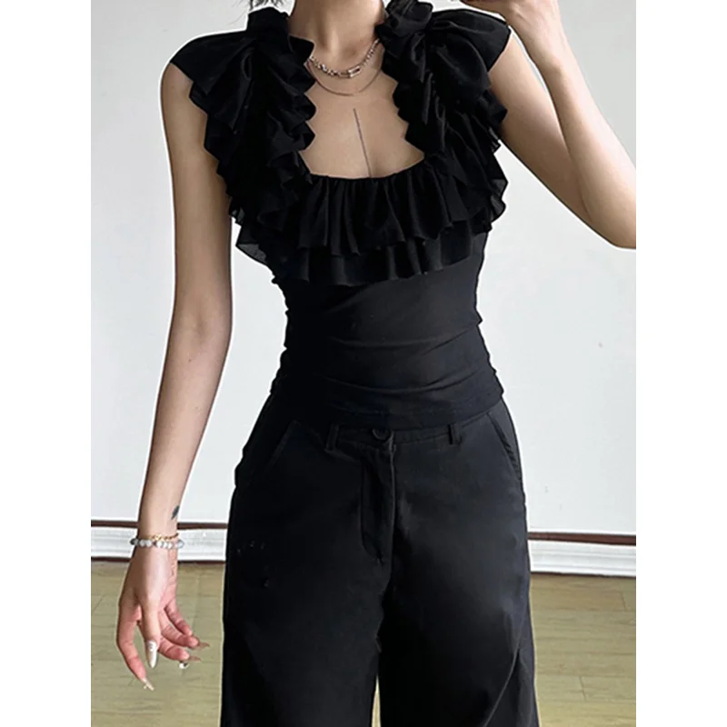 Women's Summer Tank Tops Slim Fit Stylish Sheer See Through Ruffled Scoop Neck Sleeveless T-Shirt, Stylish Tops view 3