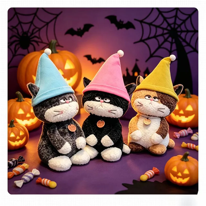 Halloween Wizard Cat Plush Toy, Black Cat Stuffed Doll with Witch Hat, Desktop Ornament, Party Decoration Holiday Gift