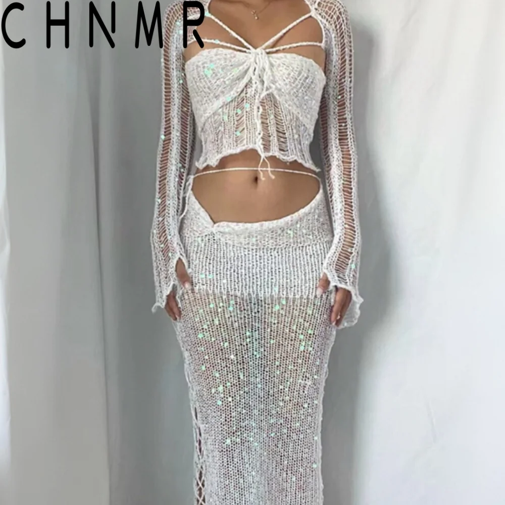 CHNMR Crochet Knitted Dress Two Piece Skirt Sets Summer Women Clothes Sexy Crop Top Elegant Knit Sequin Dress 3 Piece Set Outfit
